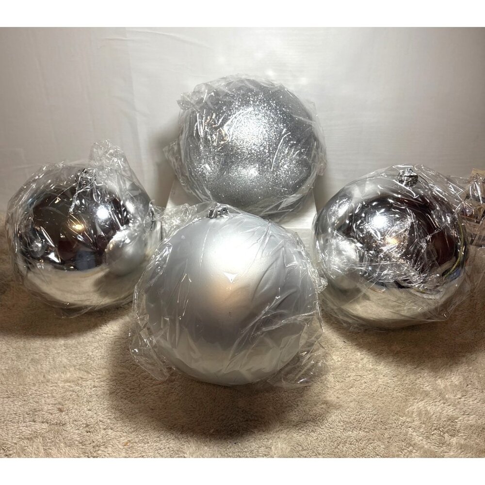 Set Of 4 Large Silver & Glitter Christmas Ornaments 8" Diameter